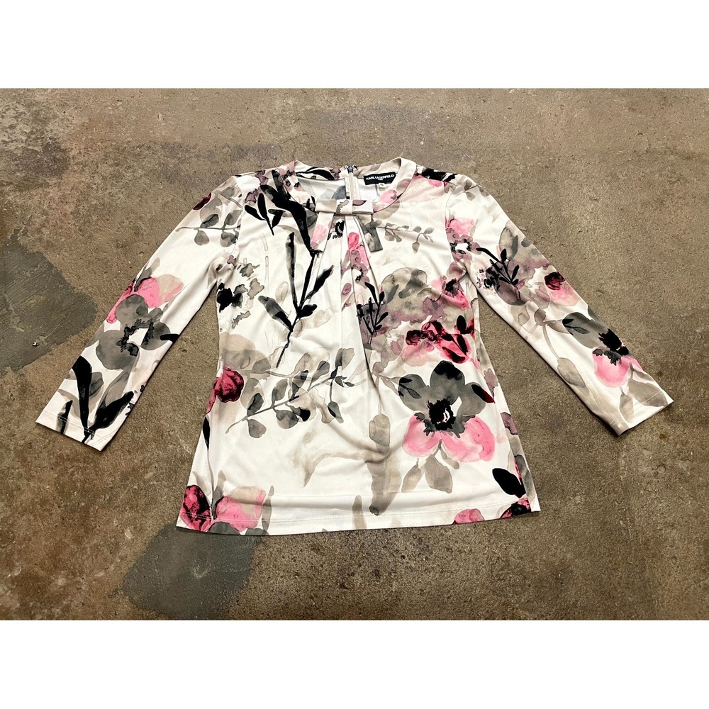 Karl Lagerfeld Blouse Top Womens XS Multicolor Floral 3/4 Sleeve‎ Pleated Bow